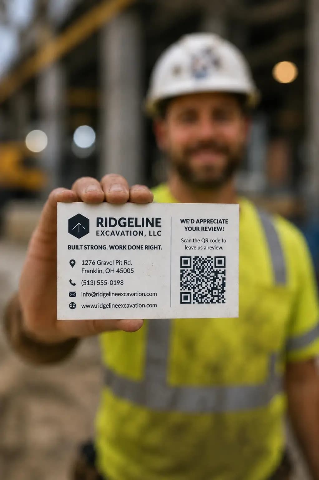 Personal trainer holding a membership card with a QR code for member reviews